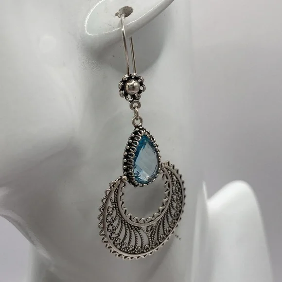 Hand Crafted Sterling Silver Blue Topaz Gemstone Earrings Pierced - Picture 12 of 12